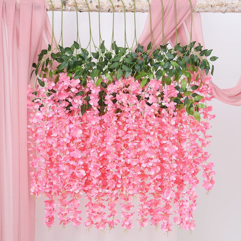 Duovlo 12 Piece Artificial Silk Wisteria Vine 3.6 Feet Ratta Hanging Flower Garland String Home Party Wedding Decor (Dark Pink) - Image 5